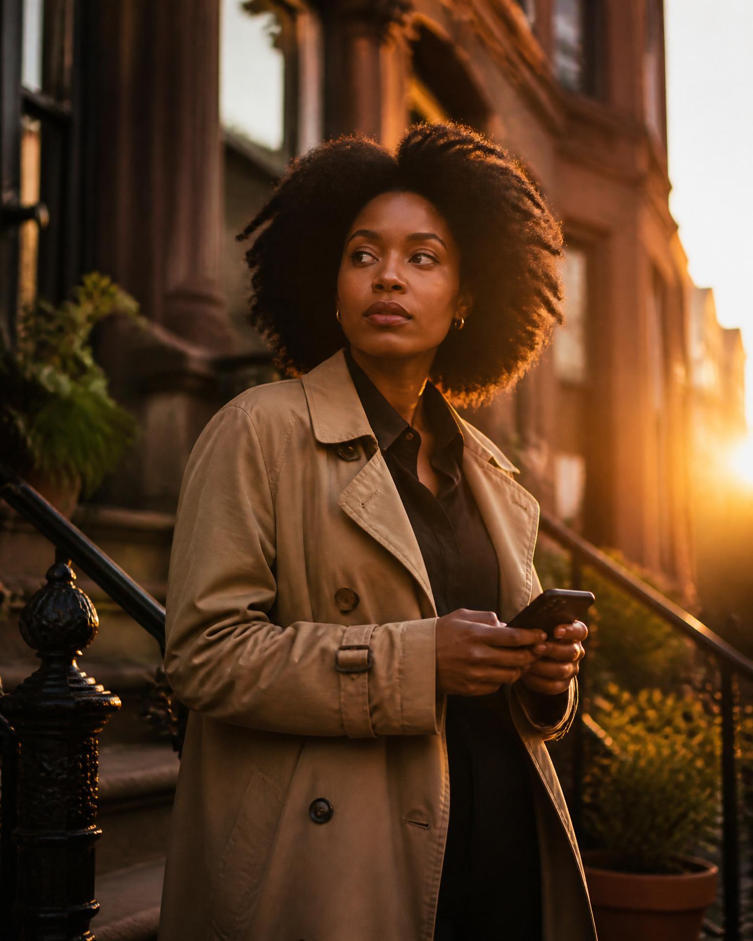 A customer on a brownstone stoop at golden hour, phone in hand