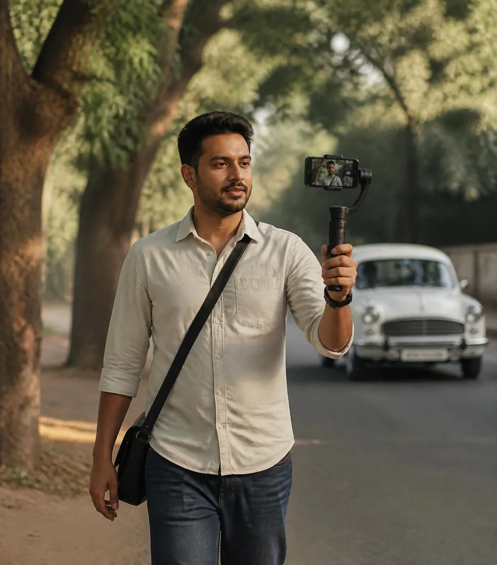 A Pop walking a tree-lined South Delhi street, livestreaming from a phone on a gimbal
