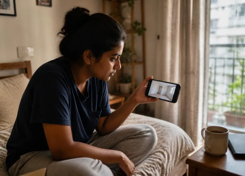 A renter watching a live apartment walkthrough on her phone