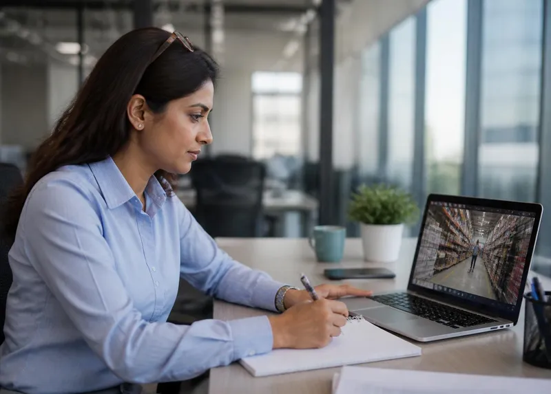 An operations lead reviewing a live warehouse audit on her laptop