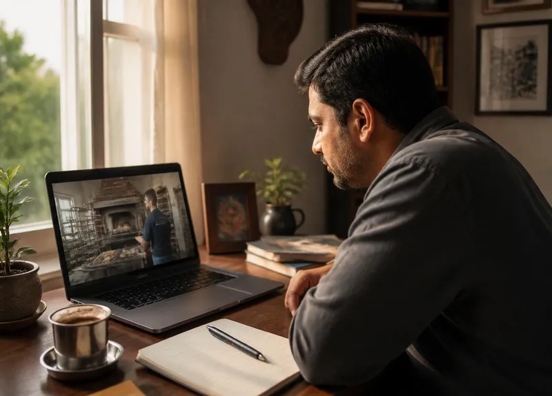 A bakery founder watching a live shop inspection on his laptop